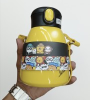 Kids' water bottle with a strap and cartoon design.